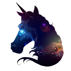 Artistic silhouette of fantasy animal unicorn on open space background. Hipster animal illustration.