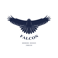Naklejka premium Flying Falcon. Elegant logo template. Silhouette of a wild bird with spread wings. Retro style. Art emblem. Vector illustration