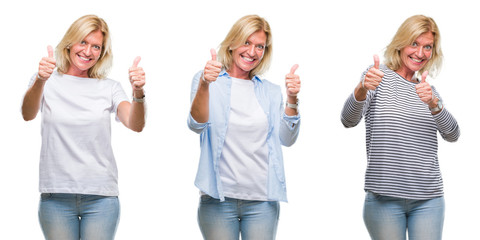 Obraz premium Collage of beautiful middle age blonde woman over white isolated backgroud approving doing positive gesture with hand, thumbs up smiling and happy for success. Looking at the camera, winner gesture.
