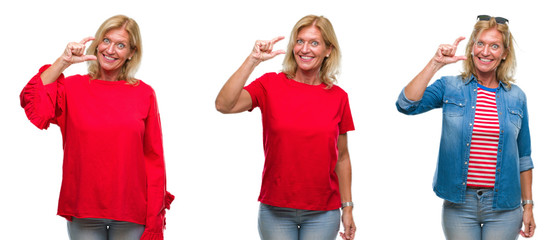 Collage of beautiful middle age blonde woman over white isolated backgroud smiling and confident gesturing with hand doing size sign with fingers while looking and the camera. Measure concept.