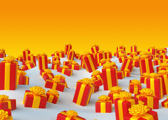 3d render, Christmas greeting card, holiday colorful wrapped gifts, red boxes, yellow background, digital illustration