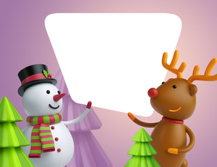 3d render, snowman and deer holding Christmas greeting card, festive template, holiday lilac background, digital illustration