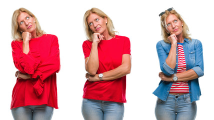 Fototapeta premium Collage of beautiful middle age blonde woman over white isolated backgroud with hand on chin thinking about question, pensive expression. Smiling with thoughtful face. Doubt concept.
