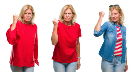 Fototapeta premium Collage of beautiful middle age blonde woman over white isolated backgroud angry and mad raising fist frustrated and furious while shouting with anger. Rage and aggressive concept.
