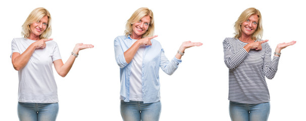 Obraz premium Collage of beautiful middle age blonde woman over white isolated backgroud amazed and smiling to the camera while presenting with hand and pointing with finger.