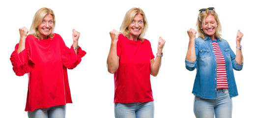 Collage of beautiful middle age blonde woman over white isolated backgroud very happy and excited...