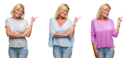 Collage of beautiful middle age blonde woman over white isolated backgroud with a big smile on face, pointing with hand and finger to the side looking at the camera.