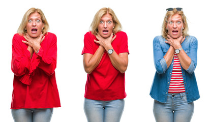 Fototapeta premium Collage of beautiful middle age blonde woman over white isolated backgroud shouting and suffocate because painful strangle. Health problem. Asphyxiate and suicide concept.