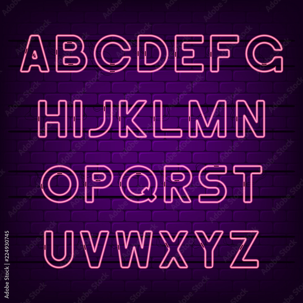 Poster neon light alphabet. glowing neon font. vector typeface.