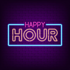 Obraz premium Happy hour neon sign. Night bright advertising neon signboard. Vector illustration.