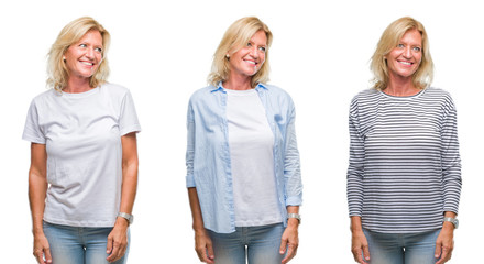 Fototapeta premium Collage of beautiful middle age blonde woman over white isolated backgroud looking away to side with smile on face, natural expression. Laughing confident.