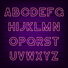 Neon light alphabet. Glowing neon font. Vector typeface.