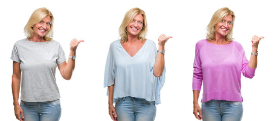 Collage of beautiful middle age blonde woman over white isolated backgroud smiling with happy face looking and pointing to the side with thumb up.