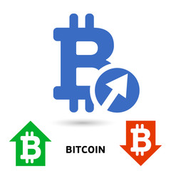 Bitcoin symbol in flat design for internet money. Symbol of the downfall or raising of currency. Blue icon Vector illustration isolated on white background.