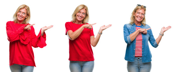 Collage of beautiful middle age blonde woman over white isolated backgroud amazed and smiling to the camera while presenting with hand and pointing with finger.