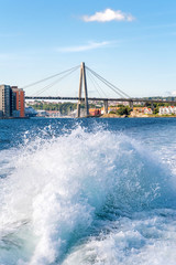 Norway, Stavanger region, Hogsfjorden. Hogsfiord. On a cruise to Lysefjord, Lysefiord. Leaving Stavanger behind. Rogaland, Ryfylke scenic route.