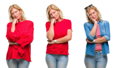 Fototapeta premium Collage of beautiful middle age blonde woman over white isolated backgroud thinking looking tired and bored with depression problems with crossed arms.