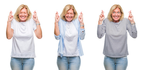 Collage of beautiful middle age blonde woman over white isolated backgroud smiling crossing fingers with hope and eyes closed. Luck and superstitious concept.