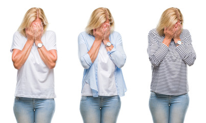 Collage of beautiful middle age blonde woman over white isolated backgroud with sad expression covering face with hands while crying. Depression concept.