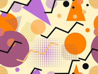 Memphis seamless pattern, autumn colors. Geometric abstract background in the style of 80s, 90s. Vector illustration