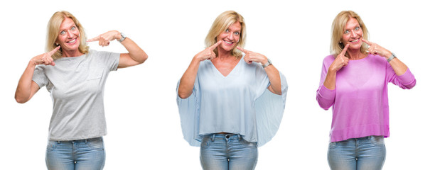 Collage of beautiful middle age blonde woman over white isolated backgroud smiling confident showing and pointing with fingers teeth and mouth. Health concept.