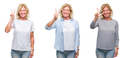 Collage of beautiful middle age blonde woman over white isolated backgroud showing and pointing up with fingers number two while smiling confident and happy.