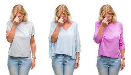 Collage of beautiful middle age blonde woman over white isolated backgroud tired rubbing nose and eyes feeling fatigue and headache. Stress and frustration concept.