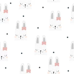 Photo sur Plexiglas Lapin Modèle sans couture enfantin avec lapin mignon. Illustration vectorielle dessinés à la main.