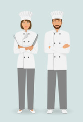 Cooking food characters. Couple of male and female chefs standing together with utensil. Restaurant team concept.
