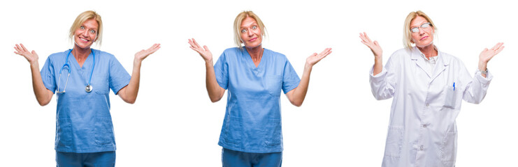 Collage of beautiful middle age blonde doctor woman white isolated backgroud clueless and confused expression with arms and hands raised. Doubt concept.