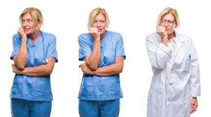 Collage of beautiful middle age blonde doctor woman white isolated backgroud looking stressed and nervous with hands on mouth biting nails. Anxiety problem.