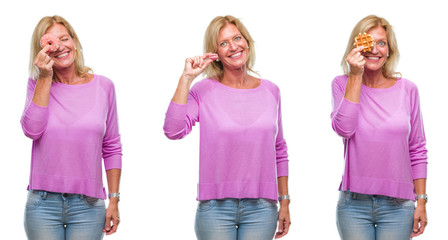 Collage of beautiful middle age blonde woman eating sweets over white isolated backgroud with a happy face standing and smiling with a confident smile showing teeth