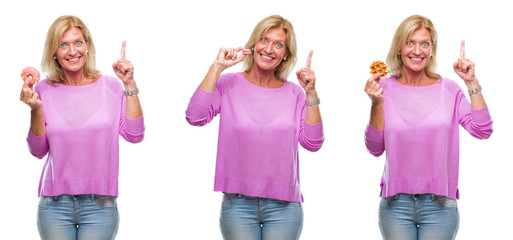 Collage of beautiful middle age blonde woman eating sweets over white isolated backgroud surprised with an idea or question pointing finger with happy face, number one