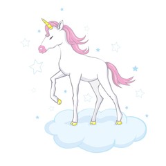 Cute vector unicorn. Magic character with pink mane surrounded by star dust for sticker, card, t-shirt and funny children's design.