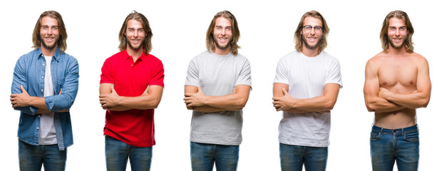Collage of handsome young man wearing casual look over white isolated backgroud happy face smiling with crossed arms looking at the camera. Positive person.