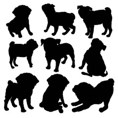 Pug purebred dog sitting in side view with shadow - vector silhouette isolated