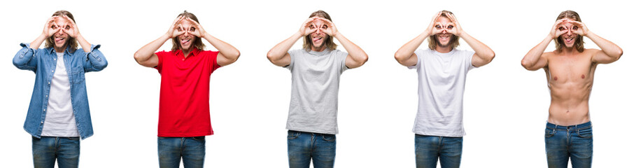 Collage of handsome young man wearing casual look over white isolated backgroud doing ok gesture like binoculars sticking tongue out, eyes looking through fingers. Crazy expression.