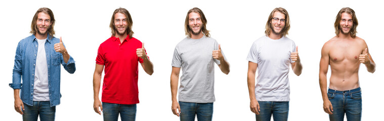 Collage of handsome young man wearing casual look over white isolated backgroud doing happy thumbs up gesture with hand. Approving expression looking at the camera with showing success.