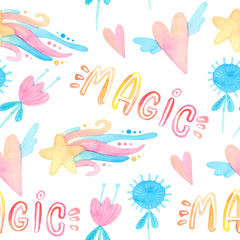 Fairy tale watercolor illustration. Cartoon seamless pattern with unicorn collection. Magic cute baby backgrounds. Stars, plants, flowers