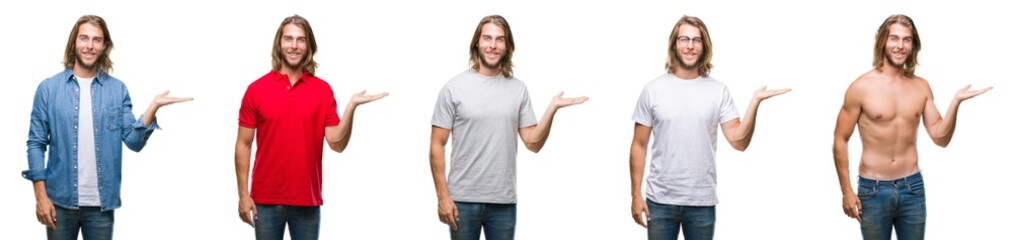 Collage of handsome young man wearing casual look over white isolated backgroud smiling cheerful presenting and pointing with palm of hand looking at the camera.