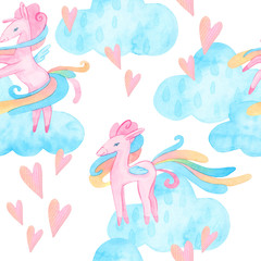 Fairy tale watercolor illustration. Cartoon seamless pattern with unicorn collection. Magic cute baby backgrounds. Pegasus, sky, clouds, Stars, plants, flowers