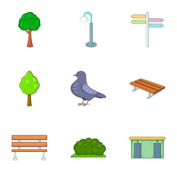 Urban outdoor decor icons set. Cartoon illustration of 9 urban outdoor decor vector icons for web