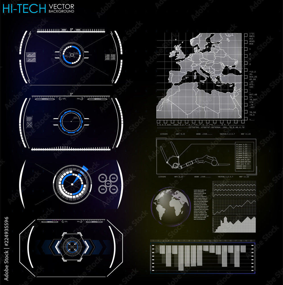 Poster set of futuristic blue infographics as head-up display. display navigation elements for the web and 
