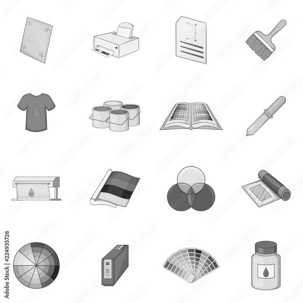 Poster print process icons set in monochrome style isolated on white background