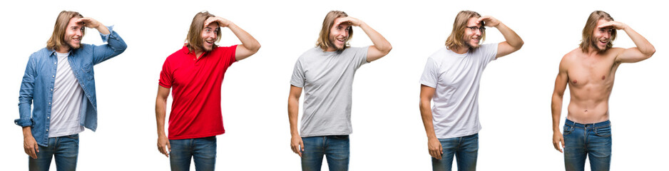 Collage of handsome young man wearing casual look over white isolated backgroud very happy and smiling looking far away with hand over head. Searching concept.