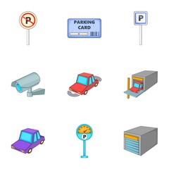 Parking station icons set. Cartoon illustration of 9 parking station vector icons for web