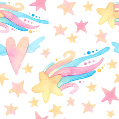 Fairy tale watercolor illustration. Cartoon seamless pattern with unicorn collection. Magic cute baby backgrounds. Stars, plants, flowers
