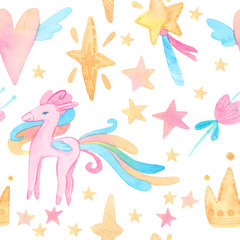 Fototapeta na wymiar Fairy tale watercolor illustration. Cartoon seamless pattern with unicorn collection. Magic cute baby backgrounds. Horses, stars, plants, flowers