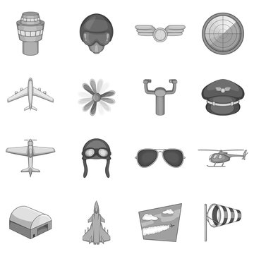Aviation icons set in monochrome style isolated on white background