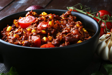 Hot chili con carne. mexican food tasty and spicy.